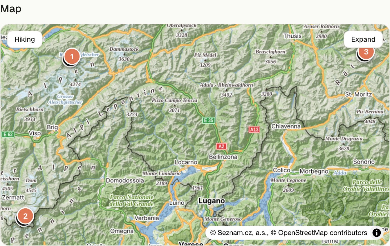The trip on Mapy.com's outdoor tiles, with peaks, glaciers and named summits.